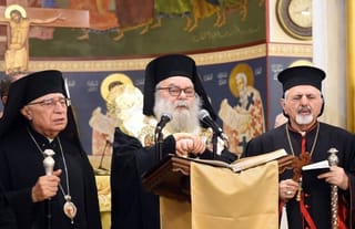 His Beatitude Patriarch John X of Antioch and All the East (center) presided over the funeral for the new martyrs of Damascus on June 24, 2025. Photo: antiochpatriarchate.org