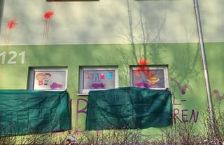 Pro-abortion vandalism covered on KALEB family center. Photo: Haertelpress