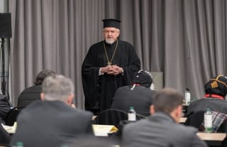 His Eminence Metropolitan Emmanuel of Chalcedon from the Patriarchate of Constantinople opens a confessional meeting of Orthodox churches at the 2025 Central Committee gathering. Photo: