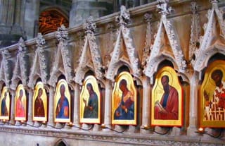 Icon of St. Swithun (far right) in Winchester Cathedral