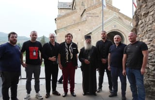 Rev. David Jishkariani with the Union of Orthodox Journalists Georgian team at Svetitskhoveli. Photo: UOJ