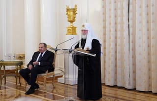 Patr. Kirill of Moscow speaks at a recent event, with Russian Foreign Minister Sergey Lavrov at left. Photo: Orthodox Times