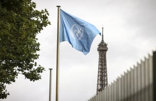 The UNESCO flag flies at its headquarters Tuesday, July 22, 2025 in Paris. Photo: AP/Thomas Padilla