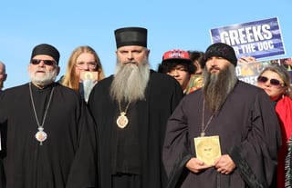 Bp. John of Worcester, Bp. Seraphim of Kostajnica, and Fr. Steven Mitchell were "visibly Orthodox" on Capitol Hill last week. Photo: Aaron Hickman/UOJ-USA