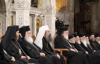 Archbishop John of Albania, Archbishop Georgios of Cyprus, and Patriarch Daniel of Bulgaria (first three from left) are in attendance at the conference. Photo: UOJ-USA