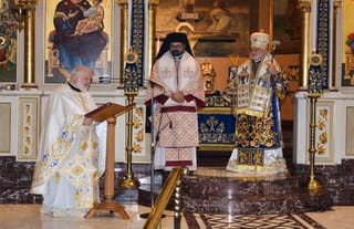 Fr. Apostolos Georgiafentis is pictured along with Met. Nathanael and Abp. Elpidophoros. Photo: Christos Panos