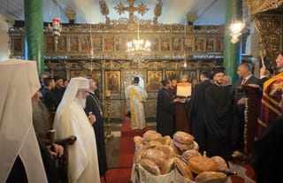 Patr. Daniel of Bulgaria (far left), Patr. Daniel of Romania (in white), and Patr. Bartholomew (far right) at the welcome doxology in Imbros. Photo: Ecumenical Patriarch / Facebook video