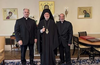 L to R: Rev. Fr. Elias Villis, Protopresbyter of the Ecumenical Throne; Abp. Elpidophoros; and Reverend Protopresbyter Paschalios Legato. Photo: orthodoxobserver.org