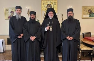 Hieromonk Stephanos is standing to Abp. Elpidophoros' right. Photo: orthodoxobserver.org