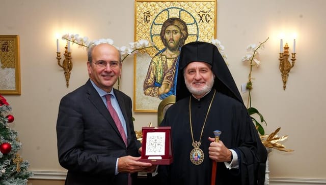 Greek Deputy Prime Minister Kostis Hatzidakis and Archbishop Elpidophoros. Photo: orthodoxtimes.com