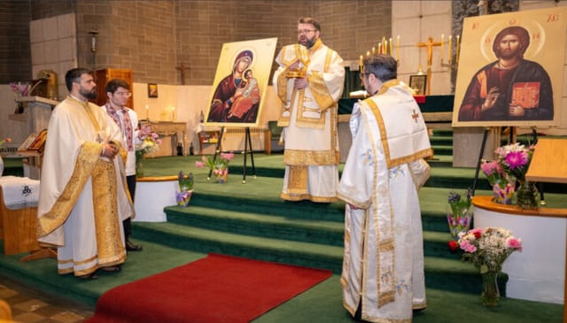 Bp. Andrei celebrates the Divine Liturgy at a Romanian parish in Canada which recently lost its place of worship due to a fire. Photo: Romanian Orthodox Episcopate of America