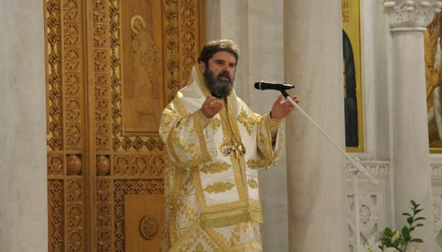 Abp. John of Albania speaks to the faithful on Sunday. Photo: Aaron Hickman/UOJ-USA