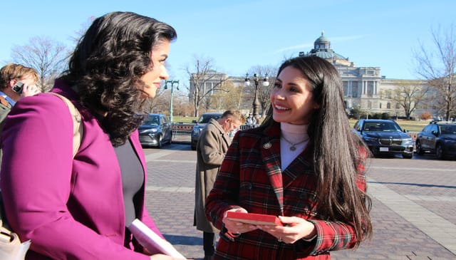 Rep. Anna Paulina Luna smiles after receiving an Orthodox icon from Society of St. John Director of Government Affairs Catherine Whiteford. Photo: Aaron Hickman/UOJ-USA