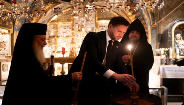 Vice President Vance visits the Church of the Holy Sepulchre in the Old City of Jerusalem Thursday. Nathan Howard/AP