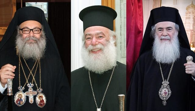 Patriarchs John X, Theodore II, and Theophilos III. Photos: Wikipedia Commons