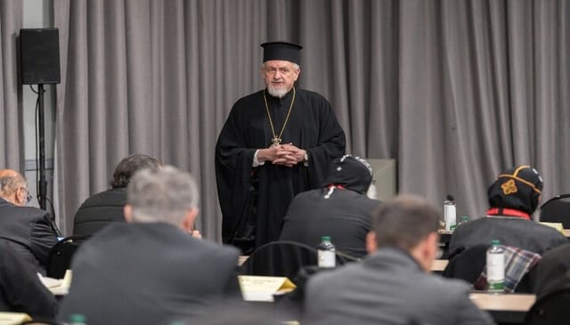 His Eminence Metropolitan Emmanuel of Chalcedon from the Patriarchate of Constantinople opens a confessional meeting of Orthodox churches at the 2025 Central Committee gathering. Photo: