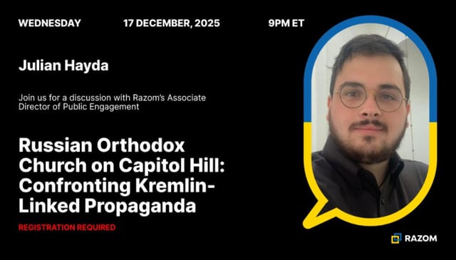 A slide from the American Coalition for Ukraine's Wednesday meeting introducing Julian Hayda. Photo: UOJ-USA
