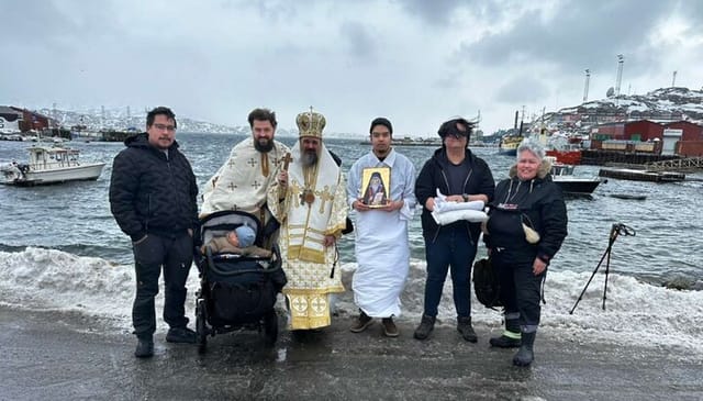 Newly illumined Greenlander, Cleopas, with Bp. Makarios and family. Photo: Diocese of Northern Europe / Facebook