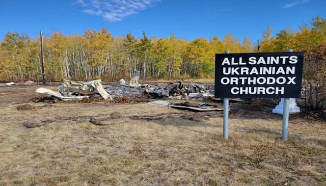 Ash and rubble is all that remains of the All Saints Ukrainian Orthodox Church parish in Bellis after an arson fire that burned down the church on Sunday, Sept. 21, 2025. Photo: