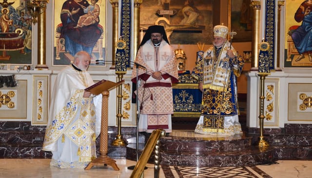 Fr. Apostolos Georgiafentis is pictured along with Met. Nathanael and Abp. Elpidophoros. Photo: Christos Panos