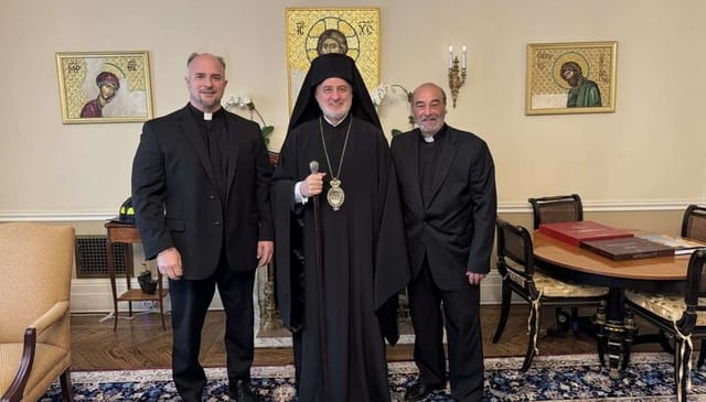 L to R: Rev. Fr. Elias Villis, Protopresbyter of the Ecumenical Throne; Abp. Elpidophoros; and Reverend Protopresbyter Paschalios Legato. Photo: orthodoxobserver.org