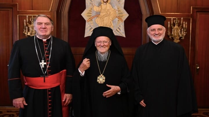Pictured, from left to right: Cardinal Joseph Tobin, Patriarch Bartholomew of Constantinople, and Archbishop Elpidophoros of the Greek Orthodox Archdiocese of America. Photo: Orthodox