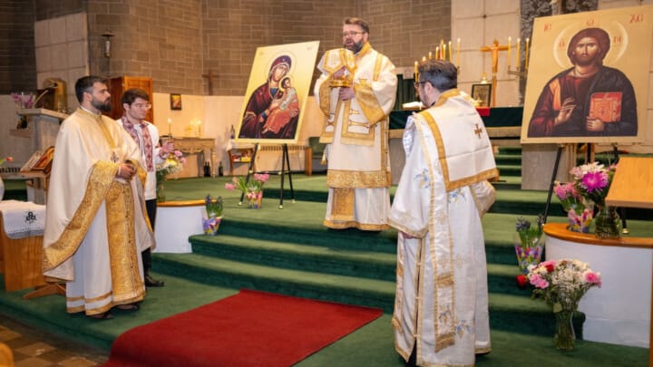 Bp. Andrei celebrates the Divine Liturgy at a Romanian parish in Canada which recently lost its place of worship due to a fire. Photo: Romanian Orthodox Episcopate of America