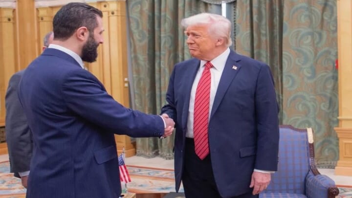 President Trump meets with Syria's interim President Ahmed al-Sharaa on March 14, 2025 in Riyadh, Saudi Arabia. Photo: Saudi Royal Palace/AP