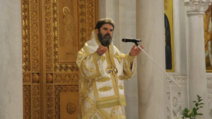 Abp. John of Albania speaks to the faithful on Sunday. Photo: Aaron Hickman/UOJ-USA