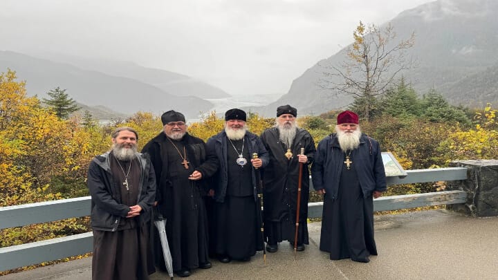 Pictured from left to right: Fr. Maxim Gibson, Fr. Vyacheslav Pushkarev (MP), Met. Maximilian, Abp. Alexei, Fr. George Kurtow (ROCOR). Photo: Diocese of Sitka and Alaska