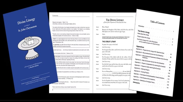 Page previews of "The Divine Liturgy according to St. John Chrysostom," which is now back in print. Source: Orthodox Journeys
