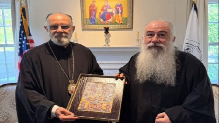 During his visit to the Anticochian Archdiocese of North America headquarters, Archbishop Christophoros presented Metropolitan Saba with an icon of the Resurrection of Christ, brought from