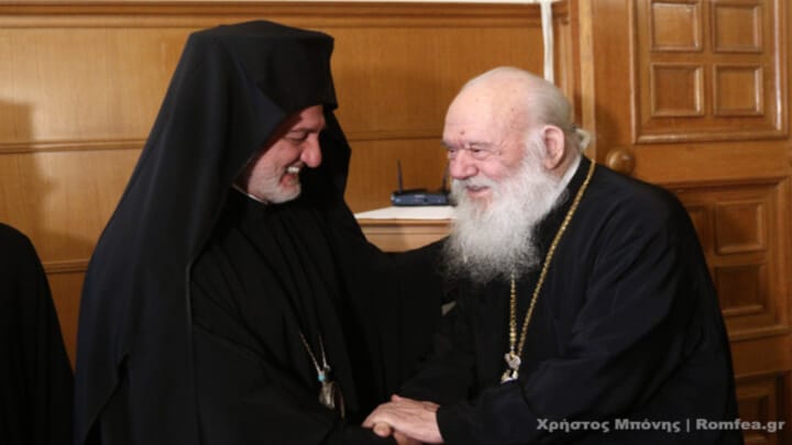 Archbishop Elpidophoros and Archbishop Ieronymos. Photo: romfea.gr