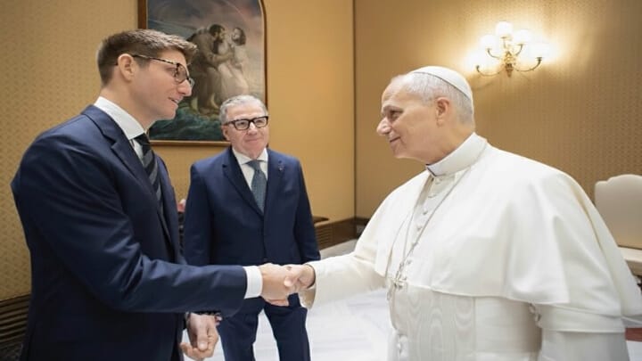 Alex Capecelatro and his "husband," Brian Stevens, meeting with Pope Leo. Photo: Alex Capecelatro/Facebook