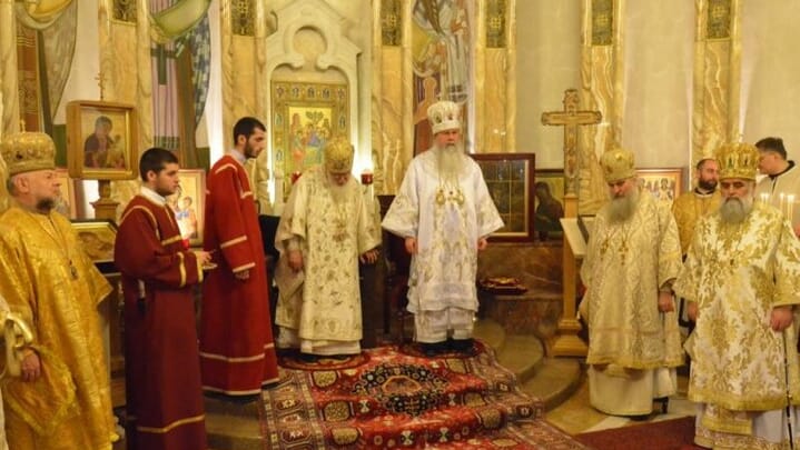Metr. Tikhon concelebrating the Divine Liturgy with Patr. Ilia II at the Holy Trinity Cathedral in Tbilisi in 2015. Photo: oca.org