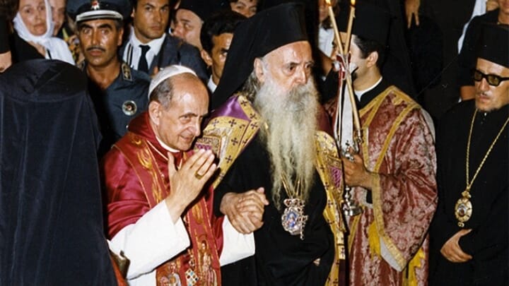 Pope Paul VI and Ecumenical Patriarch Athenagoras attend a prayer service in Jerusalem in January 1964. Photo: Giancarlo Giuliani, Catholic Press Photo