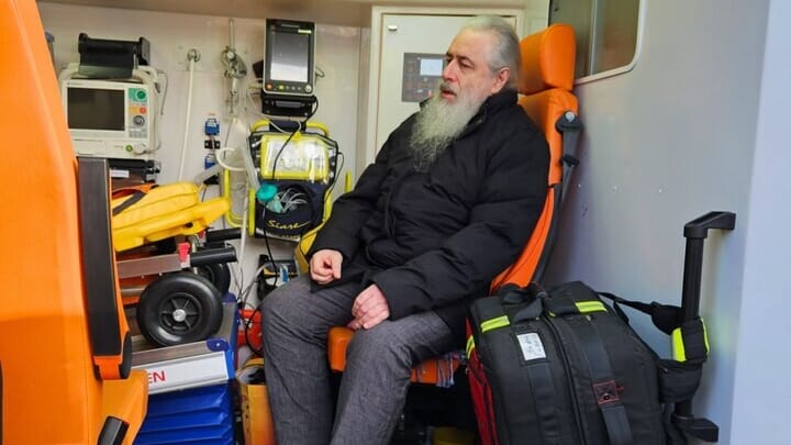 Met. Arseny being transported in an ambulance. Photo: Sviatohirsk Lavra Press Service