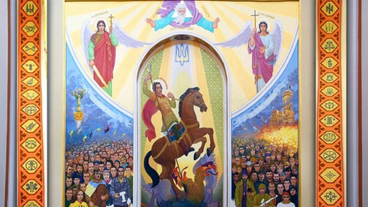 Fresco with the Trident & Wolfsangel, OCU Cathedral in Kremenets. [Credit: Typical Kremenets]