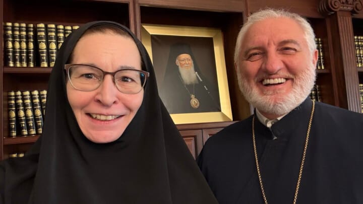 Barbara Larin and Abp. Elpidophoros. Photo: Vassa Larin/Facebook