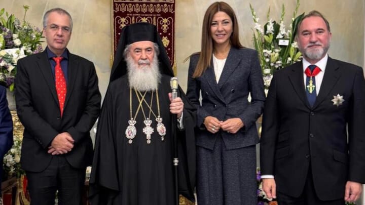 Sofia Zacharaki is pictured with Pat. Theophilos III of Jerusalem. Photo: Sofia Zacharaki/Facebook