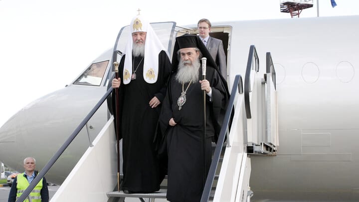 Patriarchs Kirill and Theophilos during the latter's 2013 visit to St. Petersburg. [CREDIT: www.pravmir.com]