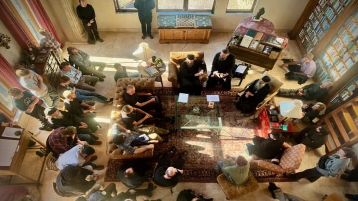 Archimandrite Methodios, Abbot of Hilandar Monastery on Mount Athos, meets with young men discerning monasticism. Photo: stpetersmonastery.com