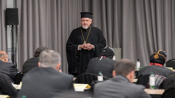 His Eminence Metropolitan Emmanuel of Chalcedon from the Patriarchate of Constantinople opens a confessional meeting of Orthodox churches at the 2025 Central Committee gathering. Photo: