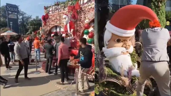Mob destroying Christmas decorations at a mall in Raipur, India. Photo: countercurrents.org