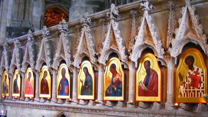 Icon of St. Swithun (far right) in Winchester Cathedral