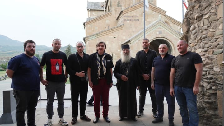 Rev. David Jishkariani with the Union of Orthodox Journalists Georgian team at Svetitskhoveli. Photo: UOJ