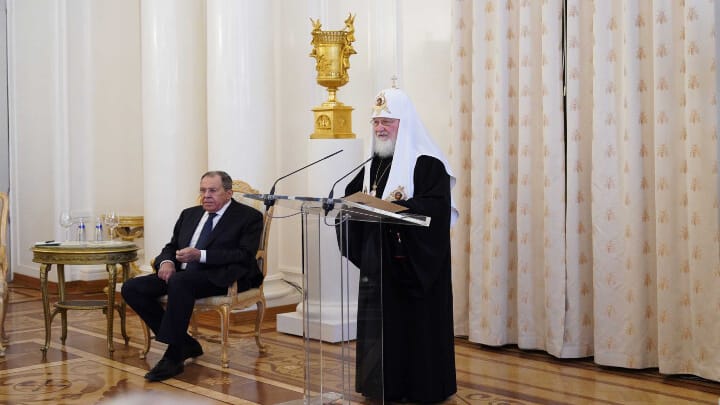 Patr. Kirill of Moscow speaks at a recent event, with Russian Foreign Minister Sergey Lavrov at left. Photo: Orthodox Times