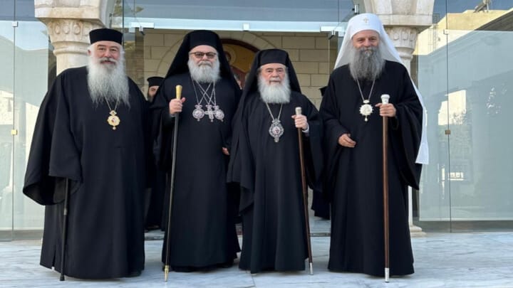 Pictured, from left: Met. Christophoros of Amman, Pat. John X of Antioch, Pat. Theophilos III of Jerusalem, and Pat. Porfirije of Serbia.
