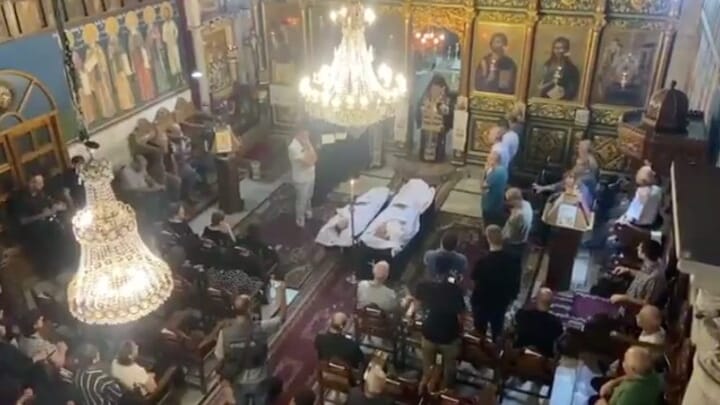 A funeral was held at the St. Porphyrios Church for two Orthodox Christians who were killed in an Israeli strike on the Holy Family Catholic Church. Photo: Khalil Sayegh