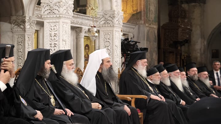 Archbishop John of Albania, Archbishop Georgios of Cyprus, and Patriarch Daniel of Bulgaria (first three from left) are in attendance at the conference. Photo: UOJ-USA